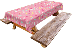 Ambesonne Pink and White Outdoor Tablecloth, Abstract Pattern of Colorful Donut Sprinkles Tasty Food Bakery Theme, Decorative Washable Picnic Table Cloth, 58" X 84", Pink Yellow 84" x 58" (Rectangular) Pink Yellow