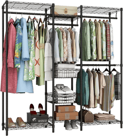 Xiofio 6 Tiers Heavy Duty Clothes Rack with Hanging Rods,Metal Garment Rack,Adjustable Shelves & 2 Slid Storage Baskets,65.0" L x 15.7" W x 76.0" H,Max Load 800LBS,Black