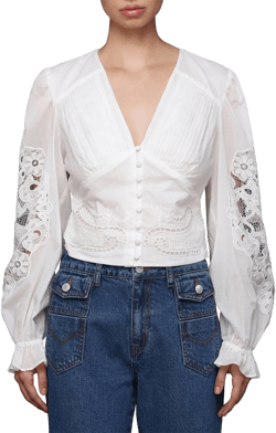 AVEC LES FILLES Women's Cotton Pintuck Lace-Trim Button-Front Blouse