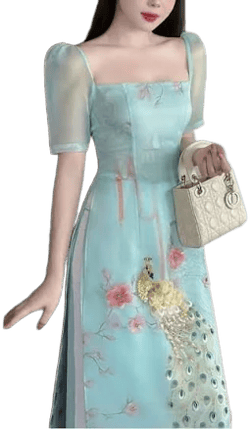 Vietnamese AO Dai Silk Dress with Embroidered Bird