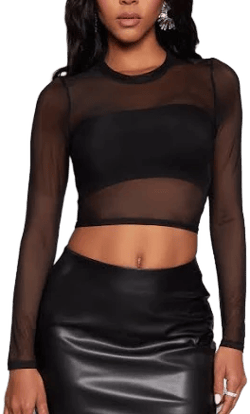 Prettylittlething Women's Black Mesh Detail Long Sleeve Crop Top - Size 0