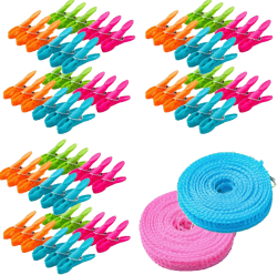 72Pcs Colorful Clothes pins, Springs Laundry ClothesPins, Plastic Air-Drying Sock Clips Closing Chip Snack Bags Clip - 2Pcs Clothes Line Outdoors 5m for Travel