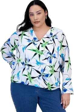 INC International Concepts Women's Plus Size Printed Surplice Long-Sleeve Blouse