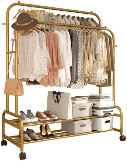 Antiwar Sturdy Metal Double Rodding Clothes Rack With Wheels, Portable Clothing Rack With Shelves & Hooks, Heavy Duty Garment Racks for Hanging Clothes, Multi-Functional Closet Rack for Bedroom, Black Gold