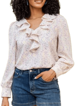 Pink Lily Floral Mirage Ruffle Trim Blouse