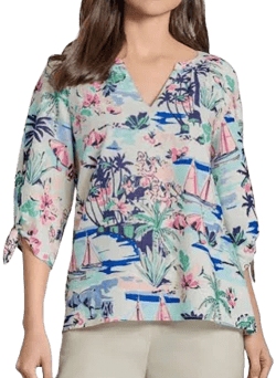 Jones New York Women's V-Neck Printed Linen Blend Blouse