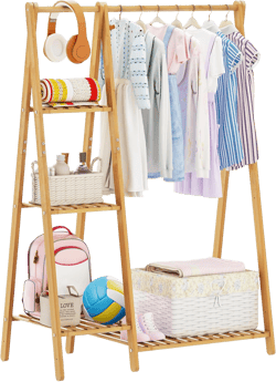 Small Clothes Racks,Kids Clothes Hanging Rack, Bamboo Wood Clothing Garment Rack with Shelves, Free Standing Corner Dress Costume Rack for Small Place,Bedroom,Bathroom, Portable Square