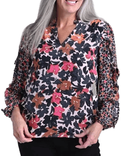 Christopher & Banks Mixed Print Ruffled Long Sleeve Blouse