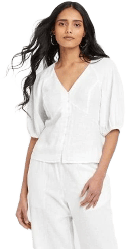A New Day Women's Linen V-Neck Elbow Sleeve Blouse