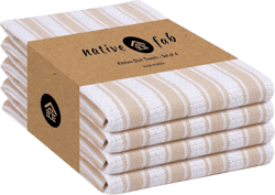 Native Fab Kitchen Dish Towels 16"x26" - Set of 4 - Absorbent Cotton Hand Towels, Restaurant Grade Dish Towels for Quick Drying, Cleaning, Dish Cloths Set with Hanging Loop - Beige and White