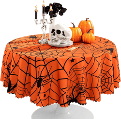 60 Inch Round Polyester Tablecloth, Halloween Orange Spider Web Table Cloth, Spillproof Washable Polyester Table Cover - Perfect for Halloween Party Decorations