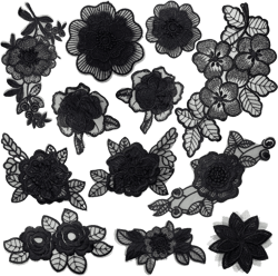 12 Pieces Flower Lace Embroidered Applique 3D Floral Sew On Patches for Clothes Repairing Decorating Wedding Dress DIY Sewing Craft (Black)