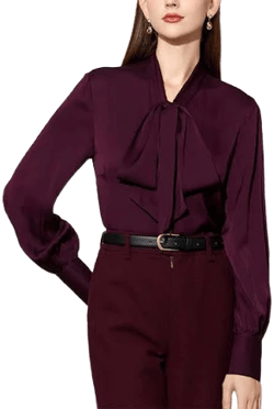 Freedomsilk Women's Elegant Stretchable Silk Bow-Tie Long Sleeve Blouse