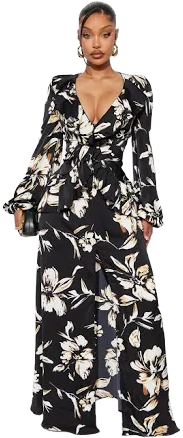 Fashion Nova Jenna Floral Puff Sleeve Ruffle Maxi Dress