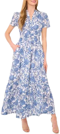 CeCe Women's Floral Cotton Double Elastic Waist Maxi Dress