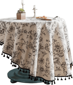 F-CHU Floral Round Tablecloth 60 Inch Cotton Linen Table Cloth with Tassels for Restaurant, Picnic, Indoor and Table Cover Home Decoration, Floral（Black White Floral Tablecloth 02 60" (Round)