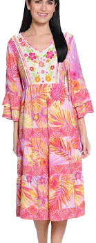 John Mark Pink Tropical Print Embroidered Neck Line Ruffle Sleeve Dress