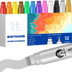 Jumbo Poster Markers Set: 12 Colors Large 15mm Wide Tip Permanent Ink Thick Acrylic Paint Pens for Rock Painting, Stone, Glass, Wood, Ceramic, Metal, Plastic, Fabric Multicolor