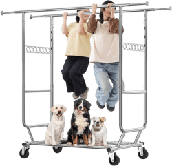 HOKEEPER Clothes Rack Heavy Duty Clothing Rack Collapsible Garment Rack with Wheels Double Rod Clothes Rack for Hanging Clothes Commercial Portable Closet Rack with Shelves Chrome Double Pole with Shelf