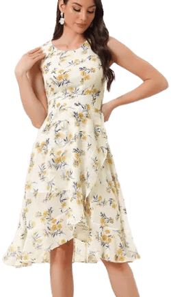 Ruffle High Low Hem Round Neck Sleeveless Floral Midi Dress