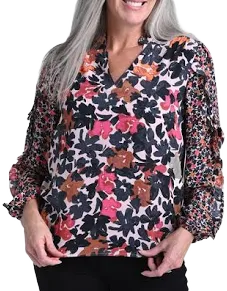Christopher & Banks Mixed Print Ruffled Long Sleeve Blouse