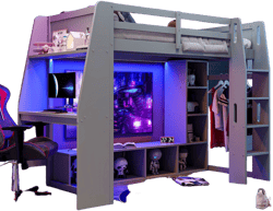 Twin Size Gaming Loft Bed with Desk, LED Lights, Multi-Storage Shelves & Hanging Clothes Rack, Space-Saving Wooden Bed Frame, Gray - ModernLuxe