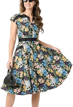 Unique Vintage Raccoon Floral Print Hedda Swing Dress