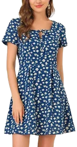 Allegra K Printed Casual Square Neck Short Sleeve A-Line Dress