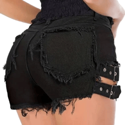 Undbranded Women's High Waist Frayed Buckle Detail Denim Shorts