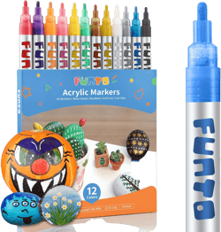Funto Acrylic Paint Pens for Rock Painting, Fabric, Wood, Canvas, Metal, Ceramic, Glass, 12 Colors Paint Marker Set, Non-Toxic, Quick Drying 1 Tip 12 Colors
