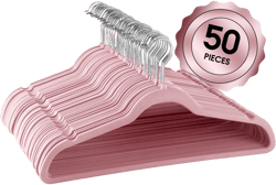 Elama Home 50 Piece Set of Flocked Velvet Clothes Hangers with Stainless Steel Swivel Hooks in Pink