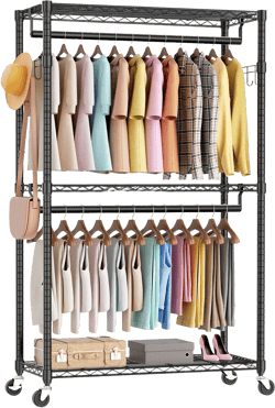 Sweetcrispy Rolling Clothes Rack, Heavy Duty Garment Racks 3 Tiers Portable Adjustable Wire Shelves with Wheels, Hanging Rods & Side Hooks Metal Freestanding Clothing Wardrobe Closet - Black Metal Black 17.72"L x 47.2"W x 80.3"H