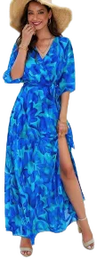 Floral Printed Midi Puffed Sleeve Wrap V-Neck Maxi Dress