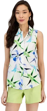 INC International Concepts Women's Printed Button-Down Sleeveless Blouse