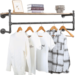 Industrial Pipe Clothing Rack Wall Mounted with Real Wood Shelf,Rustic Retail Garment Rack Display Rack Cloths Rack,Pipe Shelving Floating Shelves Wall Shelf,48in Commercial Clothes Racks