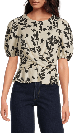 Skies Are Blue Printed Cotton Poplin Crew Neck Short Sleeve Criss Cross Front Top