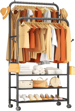 Furologee Clothes Racks for Hanging Clothes, Portable Rolling Garment Rack, Sturdy Metal Freestanding Cloths Racks with Wheels, Double Rods Wardrobe Rack for Bedroom Laundry Living Room 3-Tier Shelf