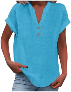 Women's Casual Cap Sleeve Button V Neck Cotton Linen Shirt