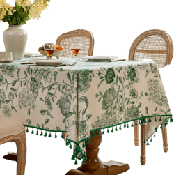 F-CHU Bohemian Tassel Tablecloth Cotton Linen Floral Tablecloths for Dining Room, Indoor and Dining Table Covers Home Decor, Rectangular Tablecloth 60 x 70 inches,Green Green Floral 70" x 60" (Rectangular)