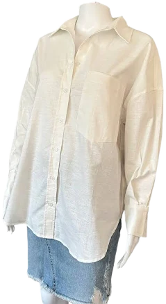 Commense Drop Shoulder Relaxed Fit Linen Blend Button Up Shirt White