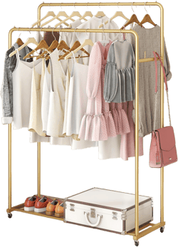 Double Rod Clothing Garment Rack, Heavy Duty Metal Rolling Clothes Rack with Wheels with 4 Fixed Hooks, Multi-Functional Bedroom Organizer Hanging Clothes, Gold two-tier