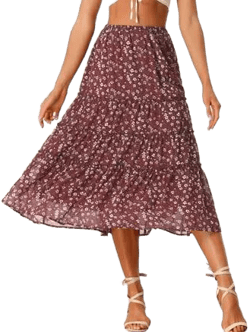 Allegra K Women's Floral Elastic Waist Tiered Ruffle Midi Skirt