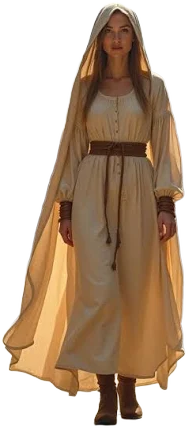 Medieval-Inspired Maxi Dress with Detachable Hooded Cape and Cinched Waist Belt