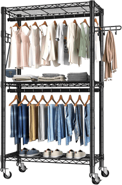 Heavy Duty Clothes Rack Rolling Garment Rack,3 Tier Adjustable Wire Shelving Clothing Racks for Hanging Clothes with Double Rods&Side Hooks,Freestanding Wardrobe Storage Rack Metal Portable Closet 3-Tier with 2 Rods(15.75"D x 23.5"W x 72.45"H) Black,Medium-Double Rods