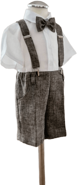 3pcs Toddler Ring Bearer wear/ Boys linen suspender shorts, bow-tie/baby wedding baptism christening outfit/ brown linen formal clothes