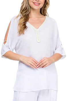 Women's Casual Embroidered V-Neckline Tunic Top with Side Slit Sleeves