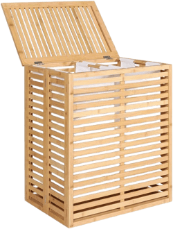 VEIKOUS 25.3 in. H Bamboo Laundry Hamper Sorter with Lid and 2 Removable Liner Bags in Yellow