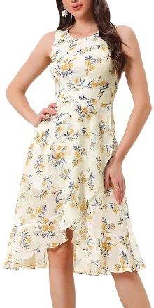 Ruffle High Low Hem Round Neck Sleeveless Floral Midi Dress