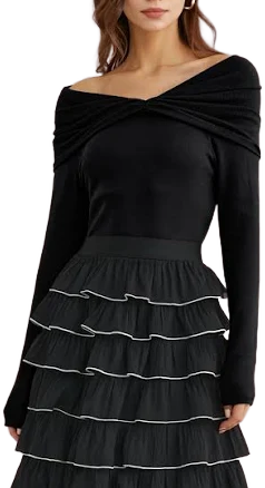 Ruched Fold Neckline Long Sleeve Off-Shoulder Top in Black