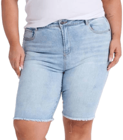 Sweet Salt Clothing Knee Length Denim Bermuda Shorts with Frayed Hem